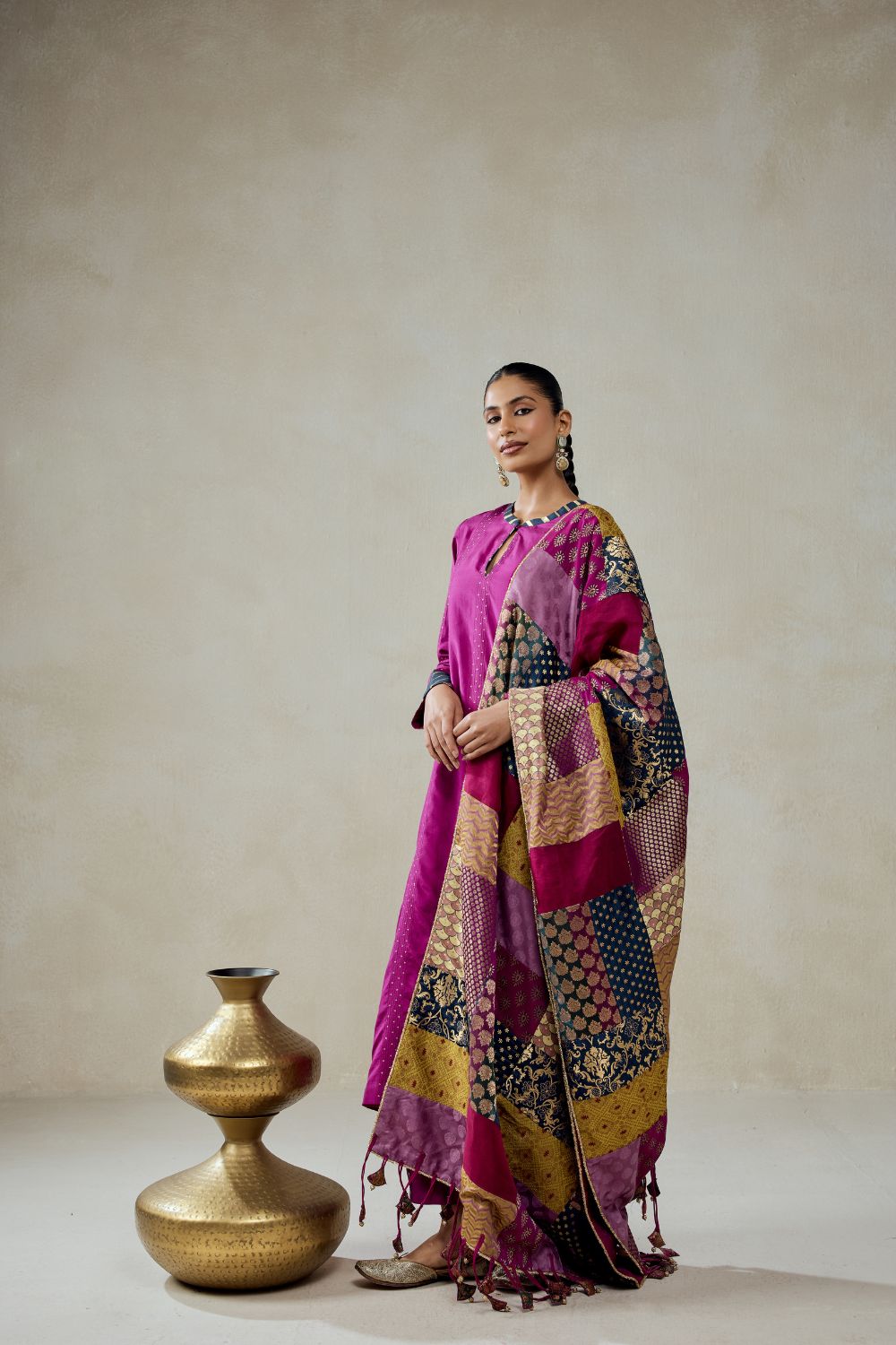 Wine Salwar Suit With Multicolour Brocade Dupatta Set