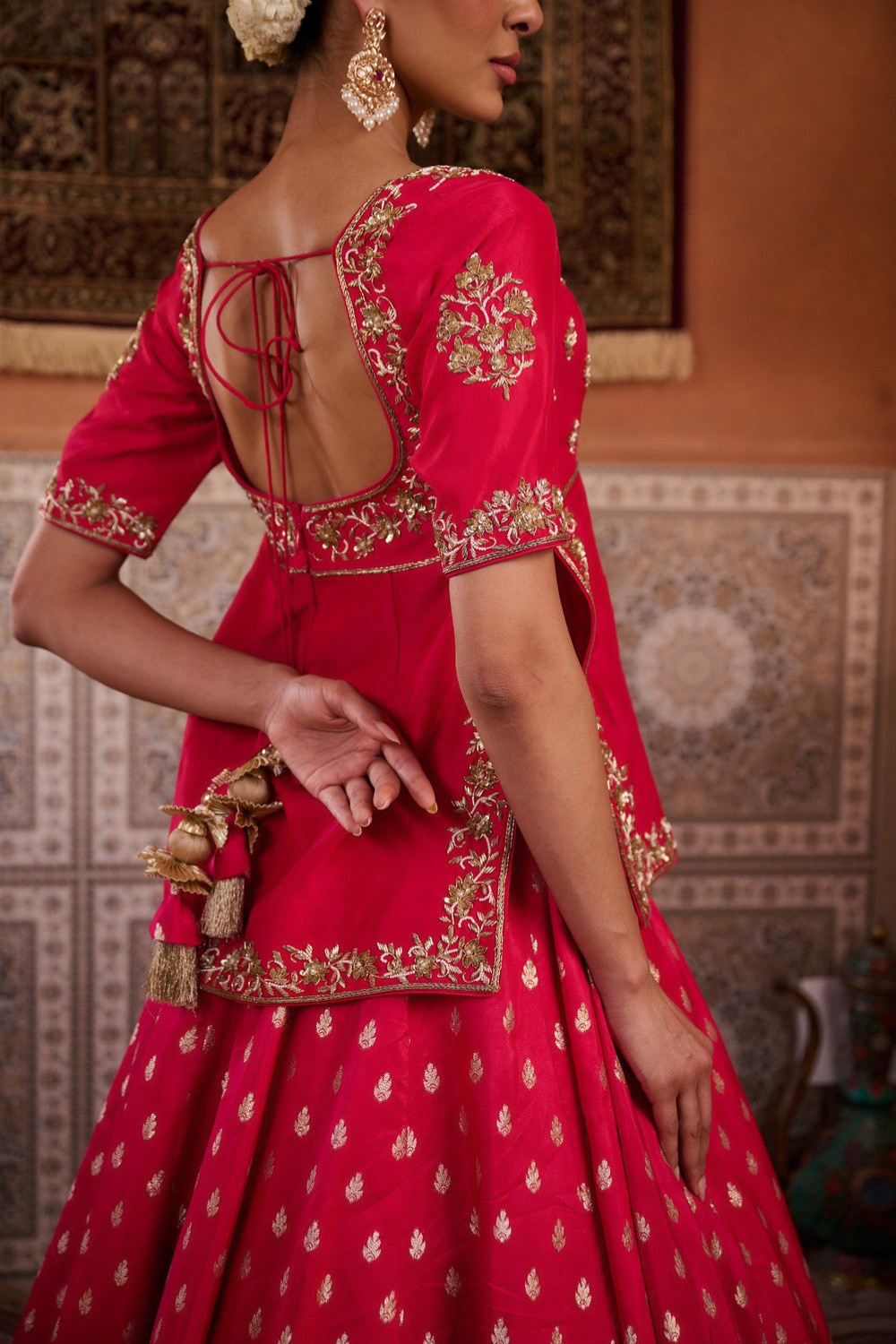 Fuchsia embroidered kurti with banarsi lehenga and dupatta