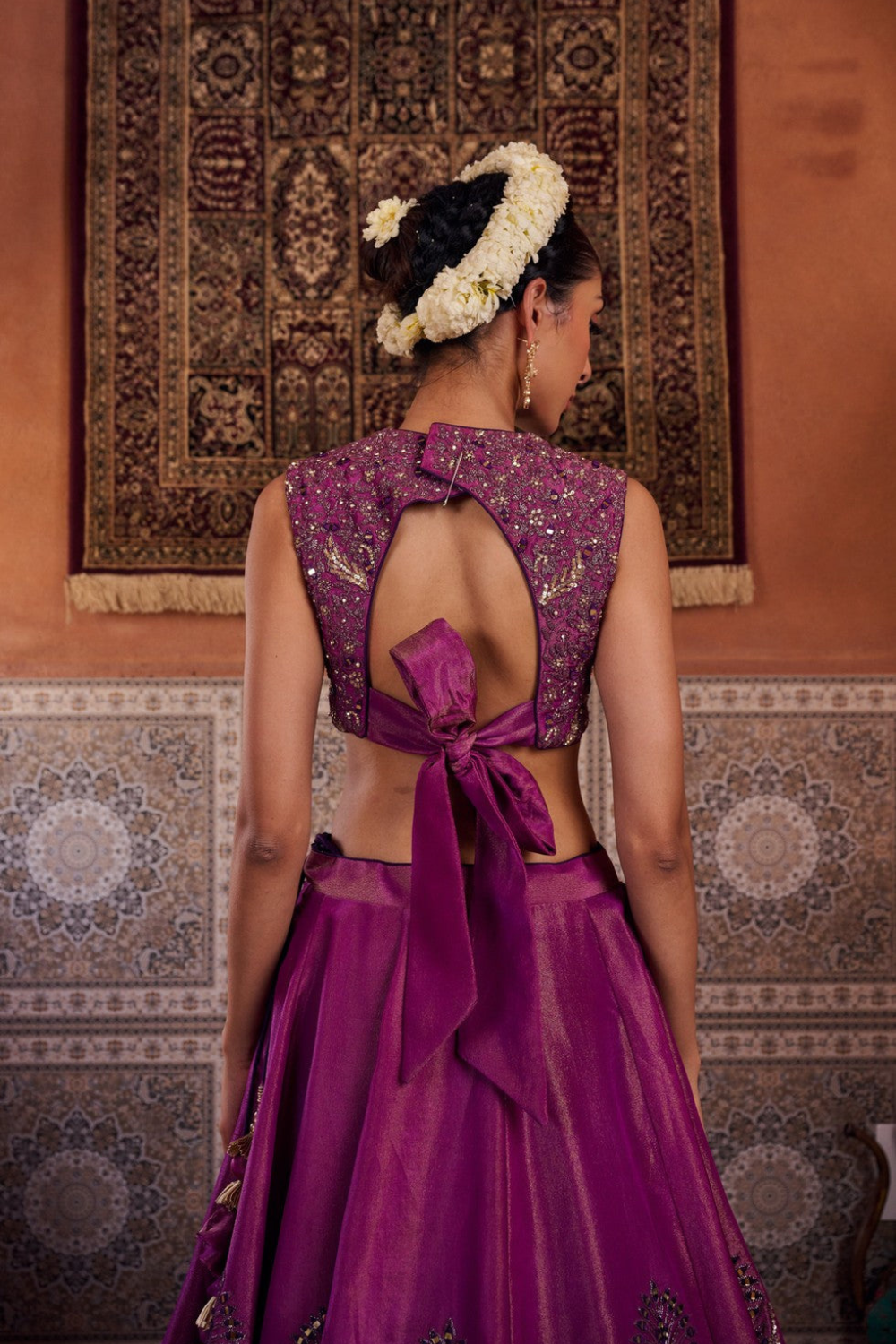 Purple shimmer tissue blouse, lehenga and dupatta