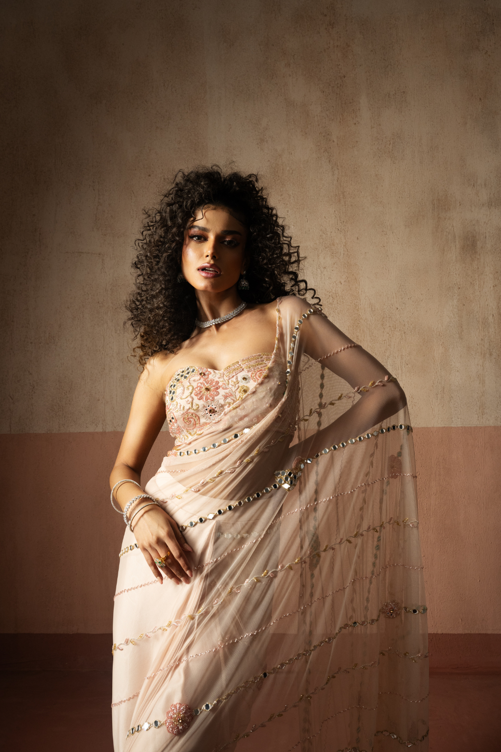 Predraped , baby pink , hand embroidered net & satin saree