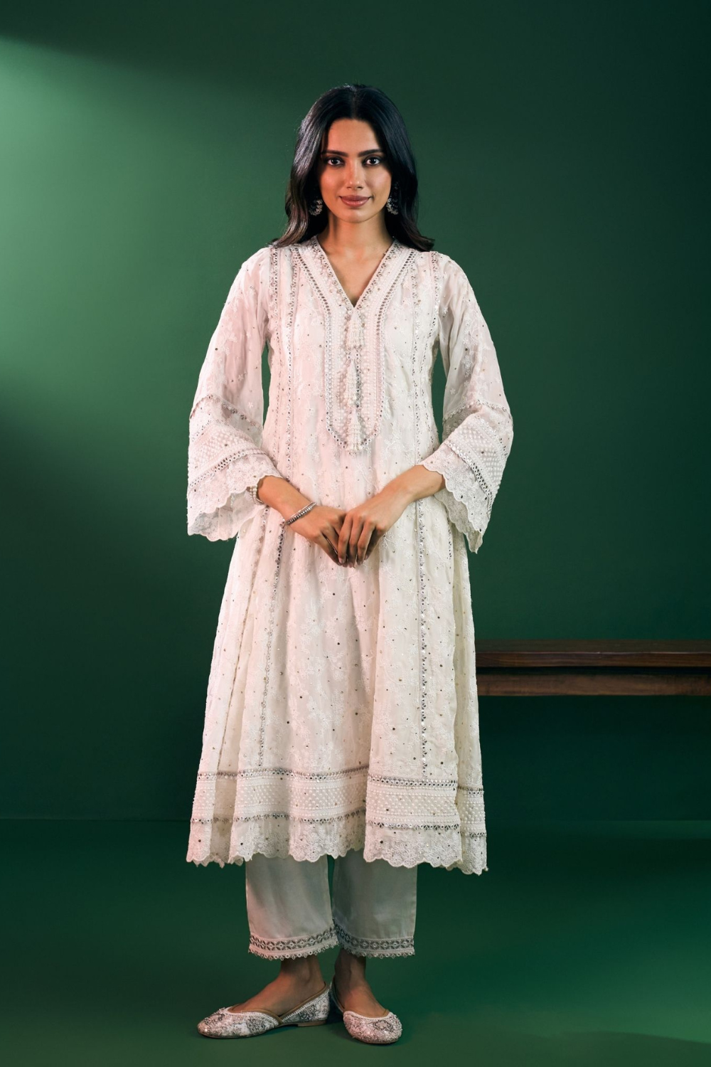 Rupa Organza Off White Anarkali Kurta with Pima Satin Off White Pant Set