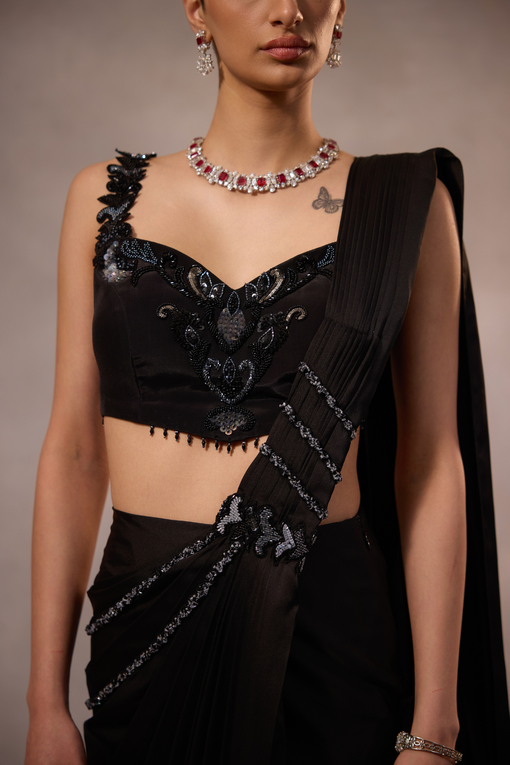 Black Embroidered Blouse with Drape Saree