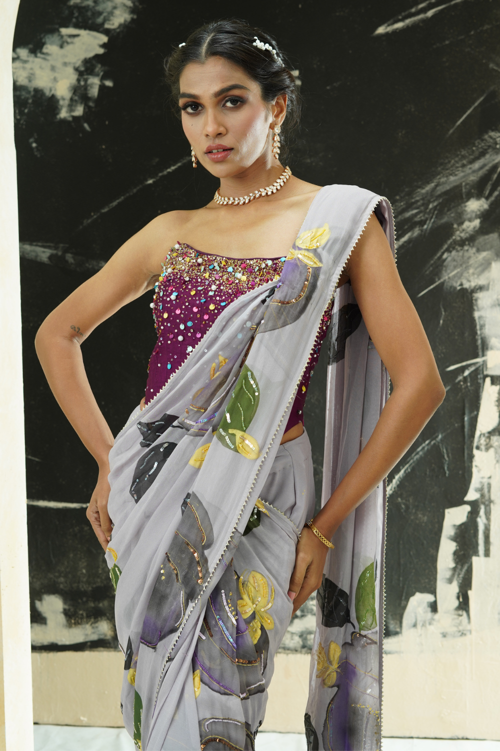 Periwinkle hand painted saree and corset set