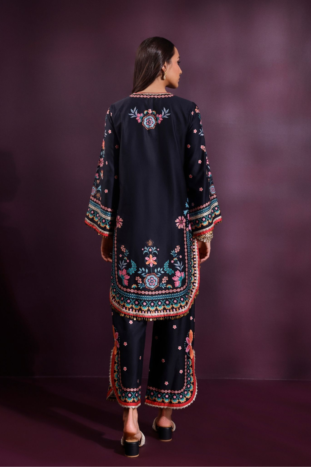 Omira Pima Satin Printed Black Kurta Set