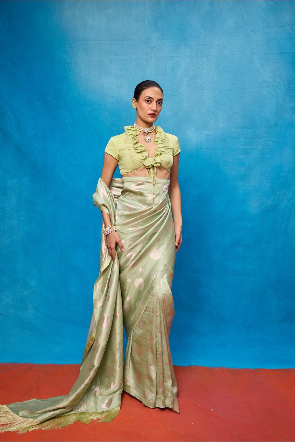 Handwoven Pistachio Green Chiffon Banarasi Saree