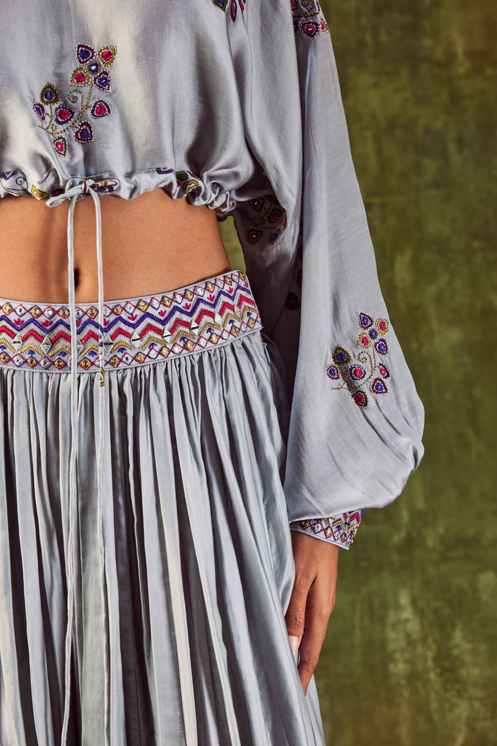 Grey Satin Silk Loose Top With Crush Skirt