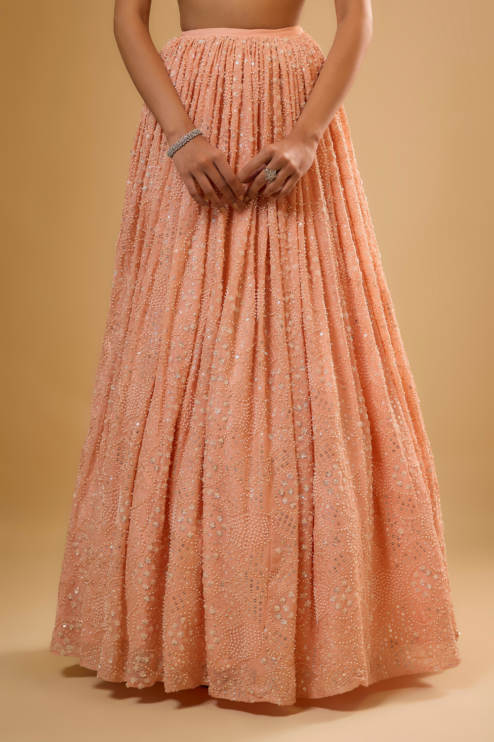Peach sorbet georgette Lehenga set embroidered with sequins, glass beads & threadwork