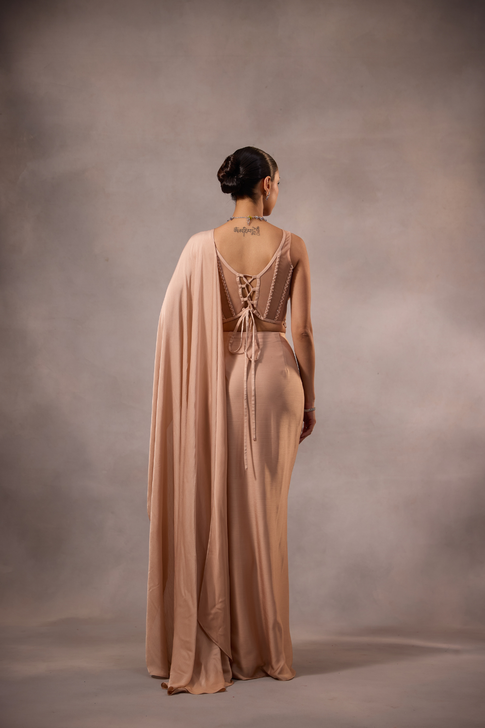 Champagne Pink Embellished Draped Saree Set with Sculpted Blouse