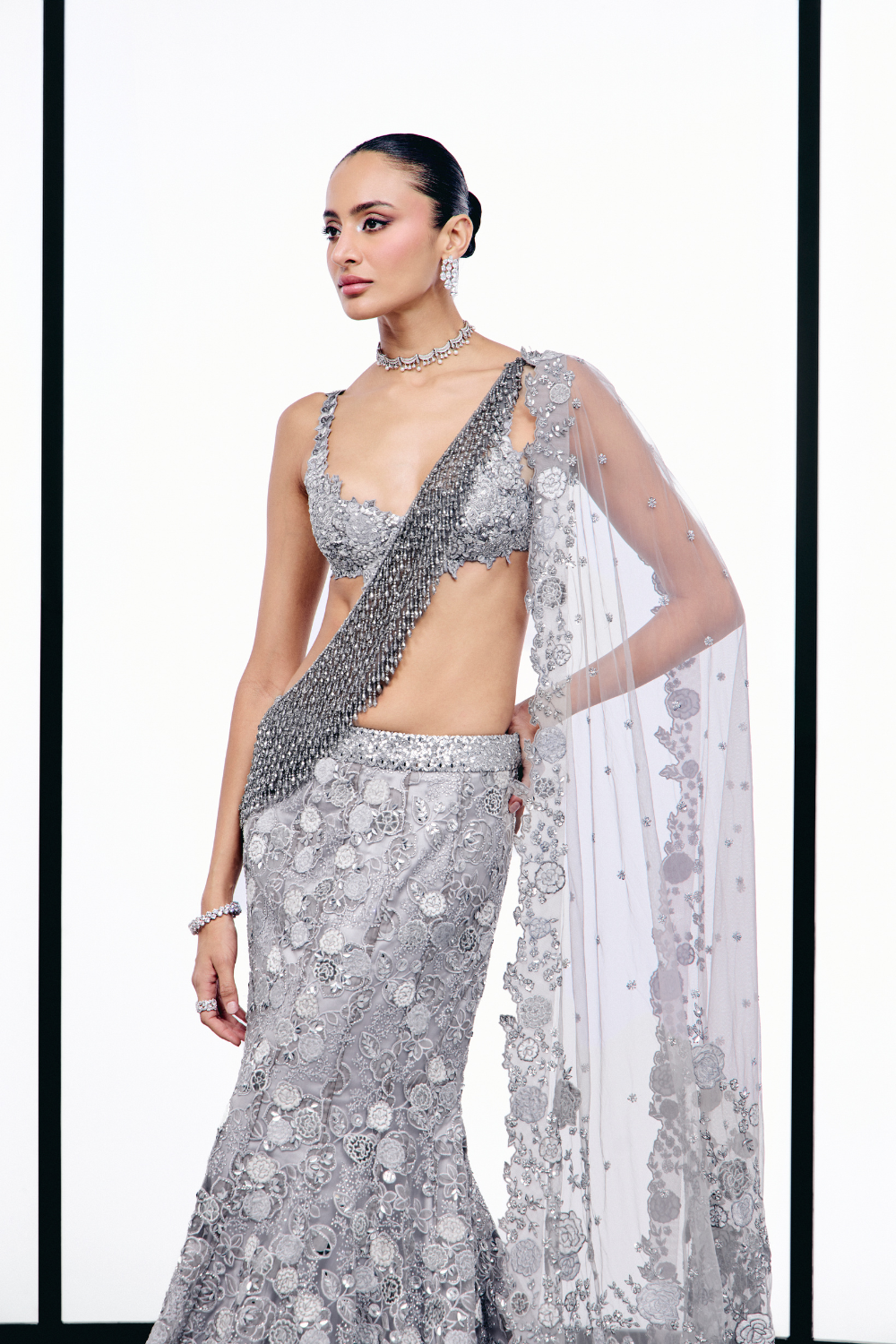 Silver Applique Fishcut Lehenga set