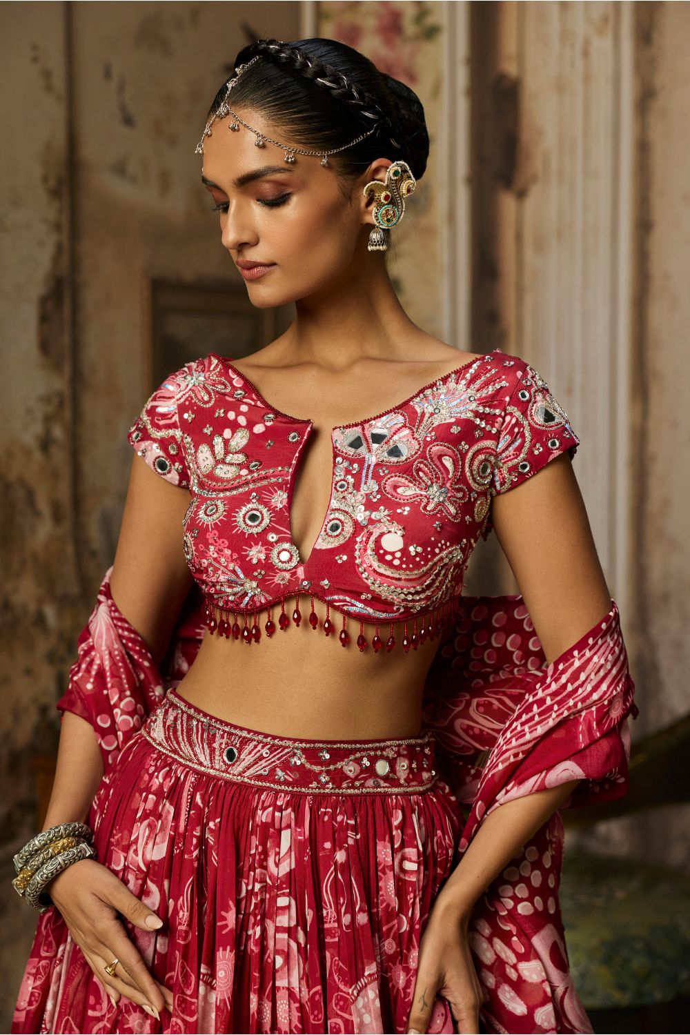 SCARLET RED PRINTED AND HIGHLIGHTED LEHENGA SET