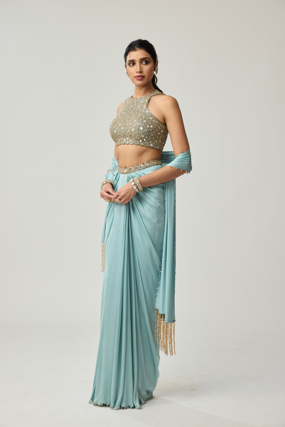 Powder Blue Mirror Satin draped skirt Set