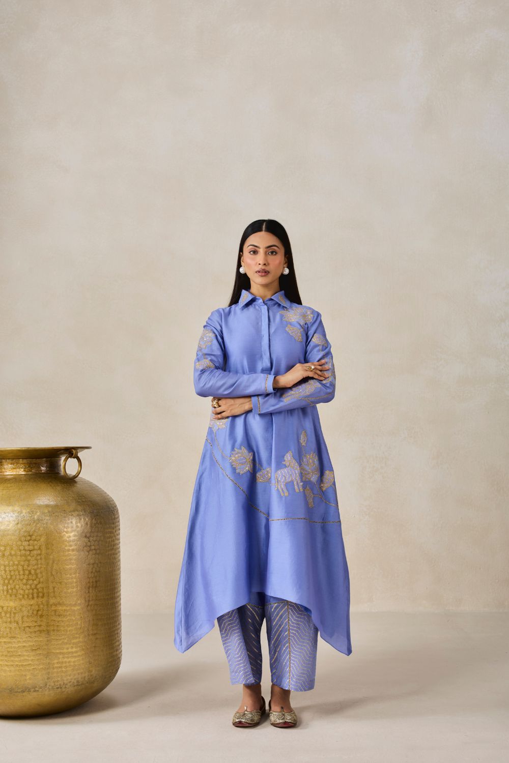 Chanderi Assmmetrical Kurta With Pant Set
