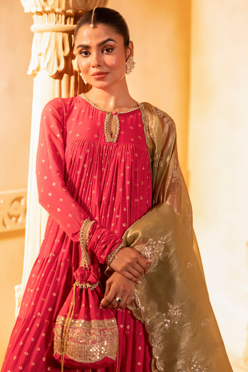 Pink Tiered Anarkali Set