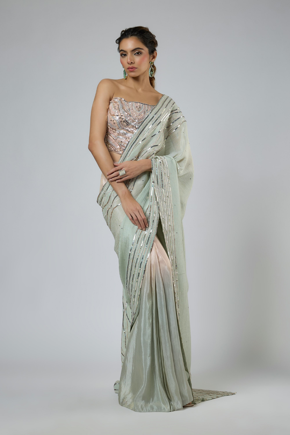 LIGHT MINT AND PINK OMBRE INTRICATE EMBROIDERED SAREE WITH CORSET BLOUSE