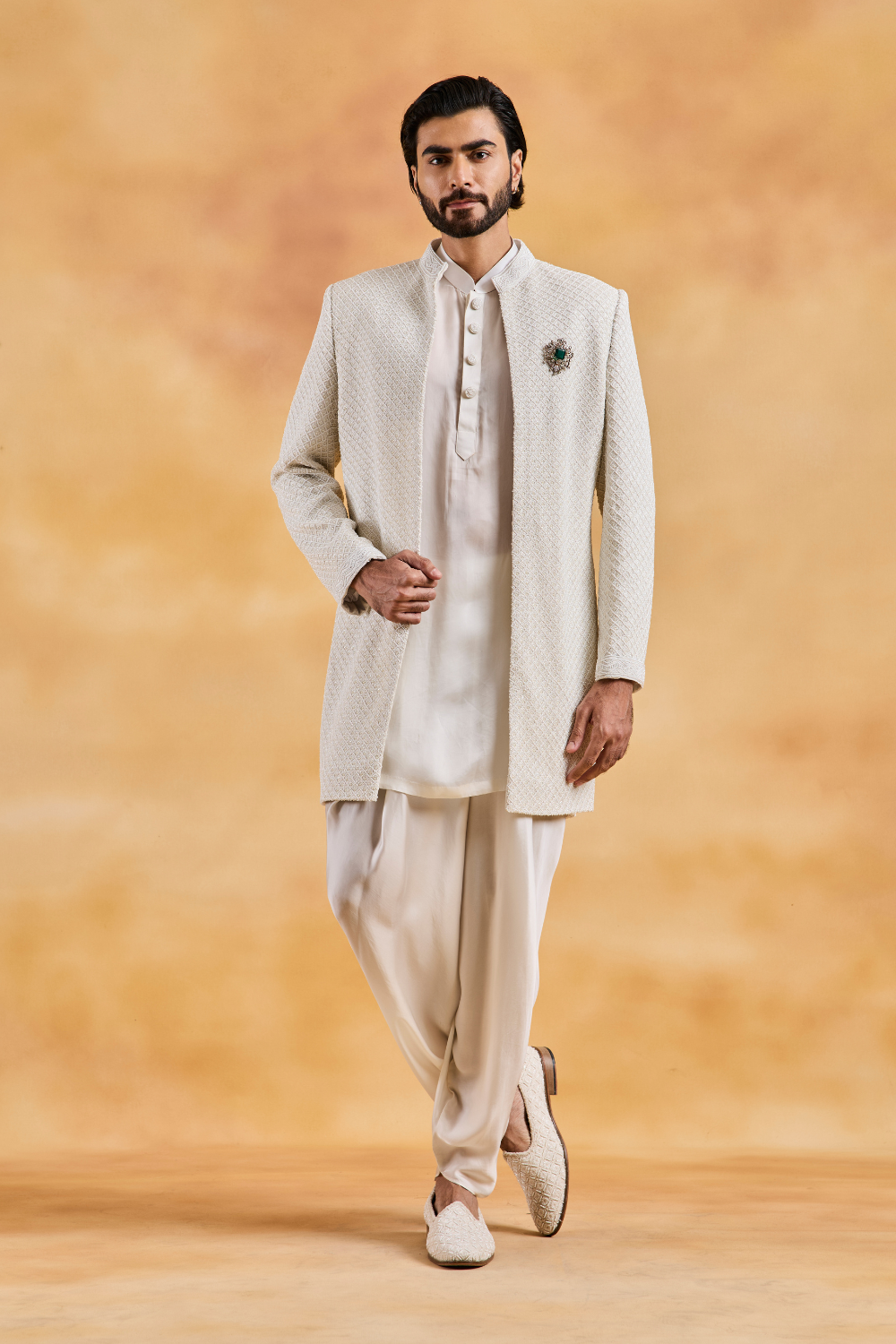 Ivory Raw Silk Open Jacket with Kurta and Dhoti