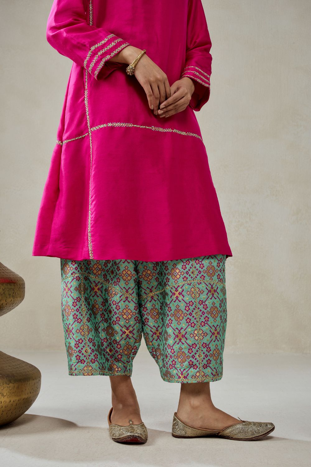 Fuschia Embroidered Kurta With Aqua Patola Silk Salwar Set