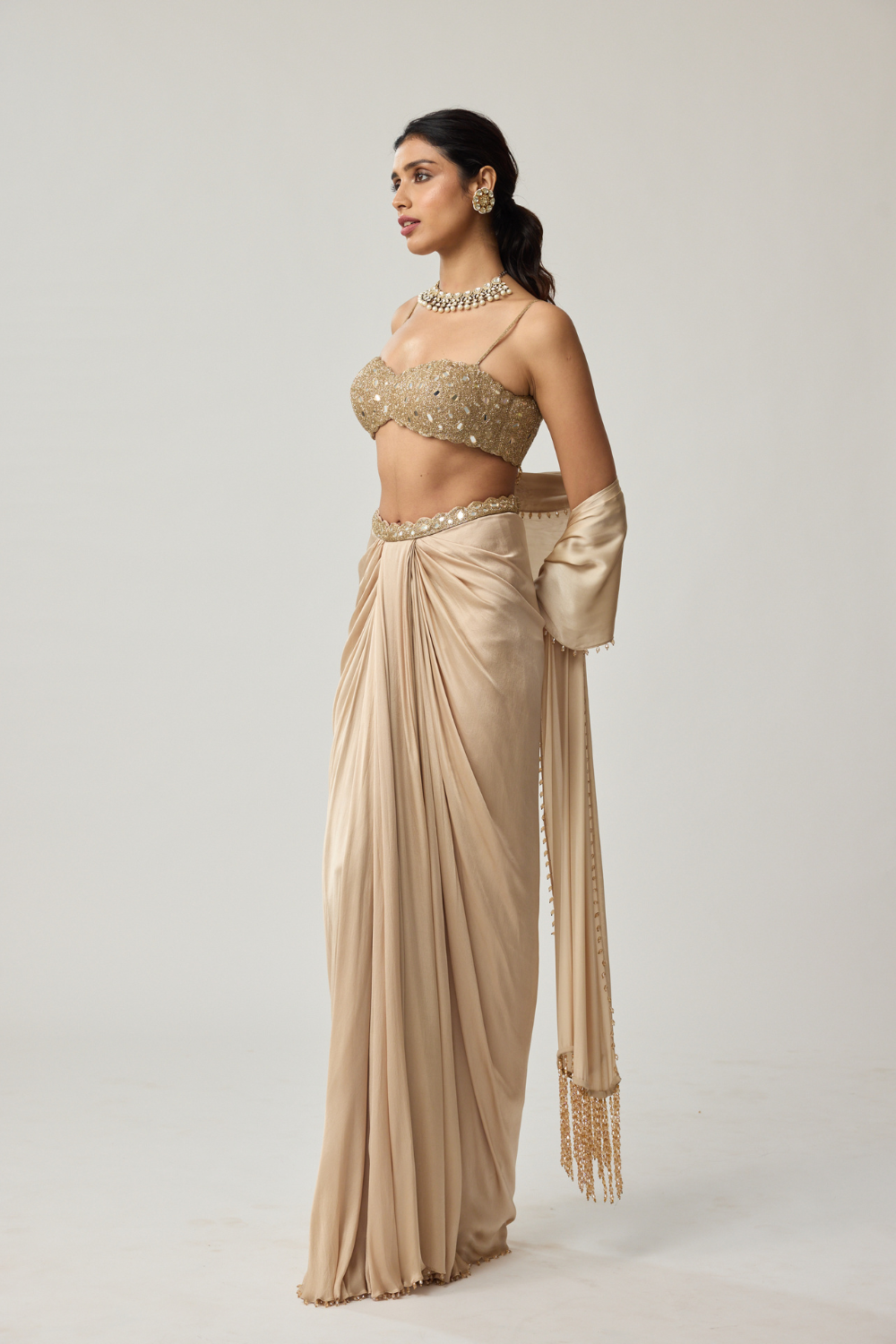 Light beige Mirror Satin draped skirt Set