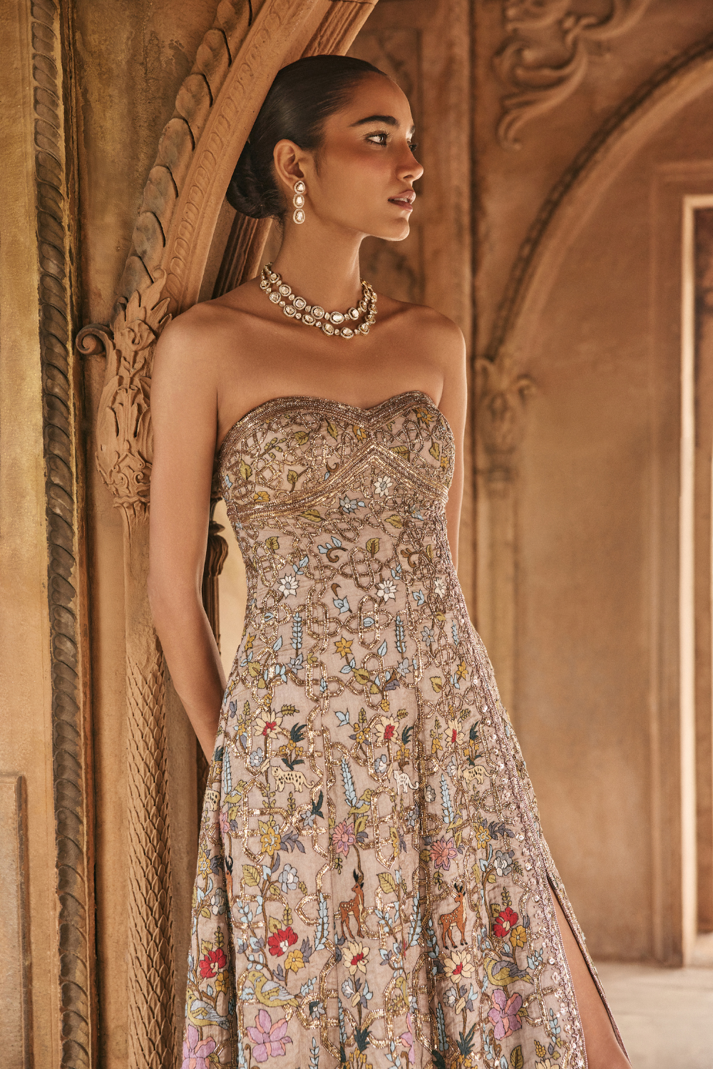 Multi-coloured, mauve, hand-embroidery, tissue, gown