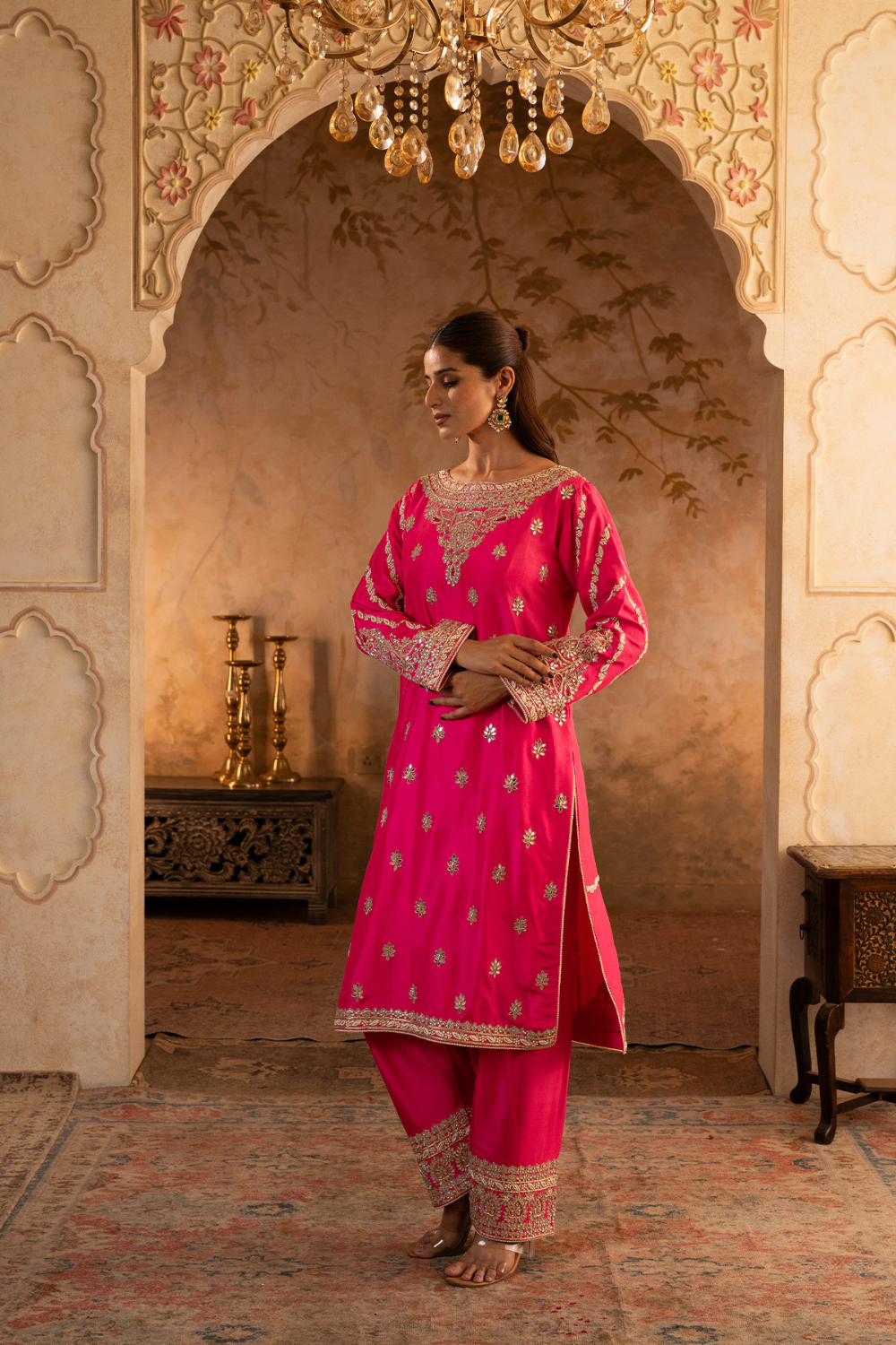 Red Raw Silk Anarkali Set