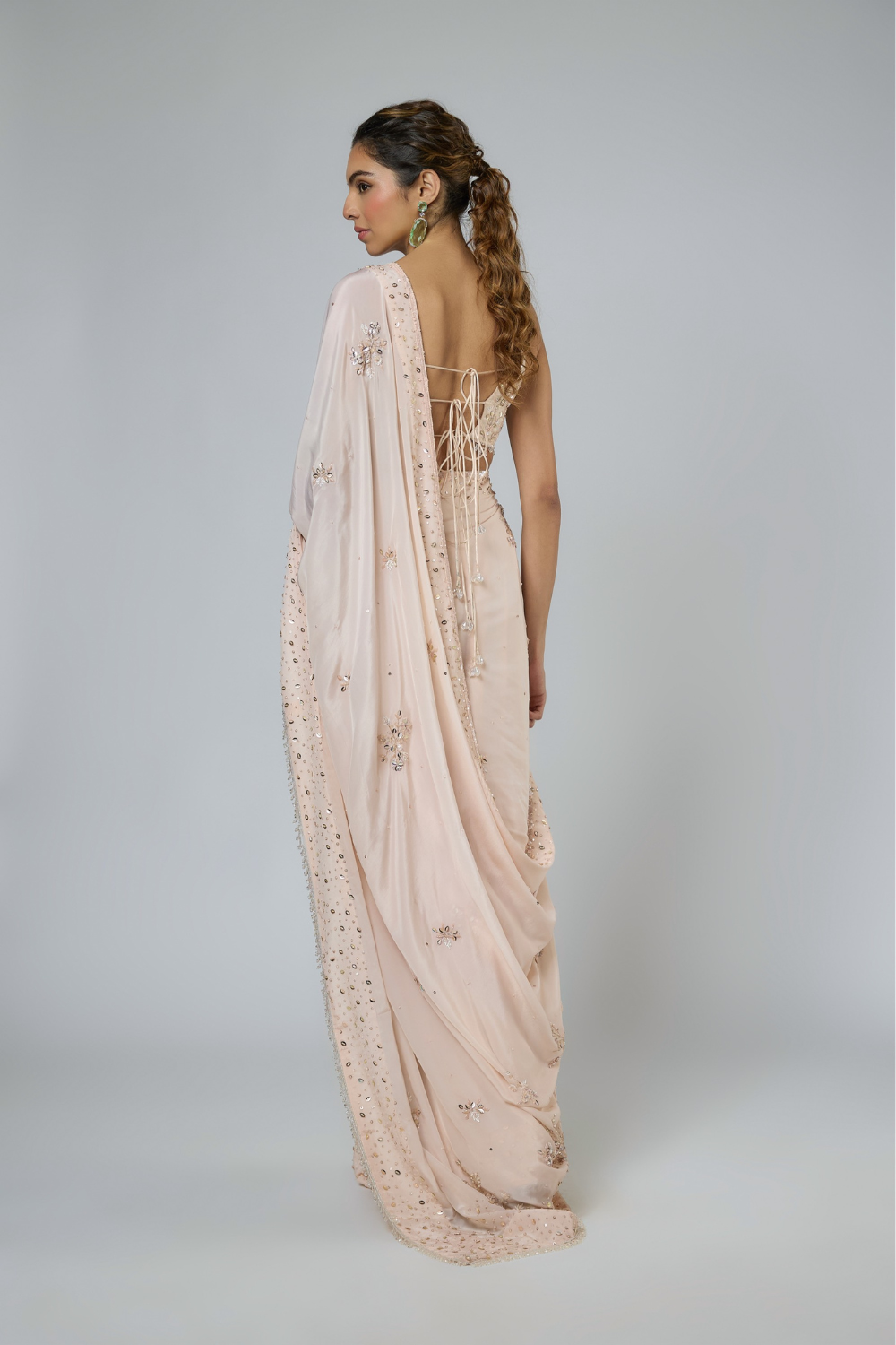 Light Peach Heavy Intricate Floral Embroidered Saree Set