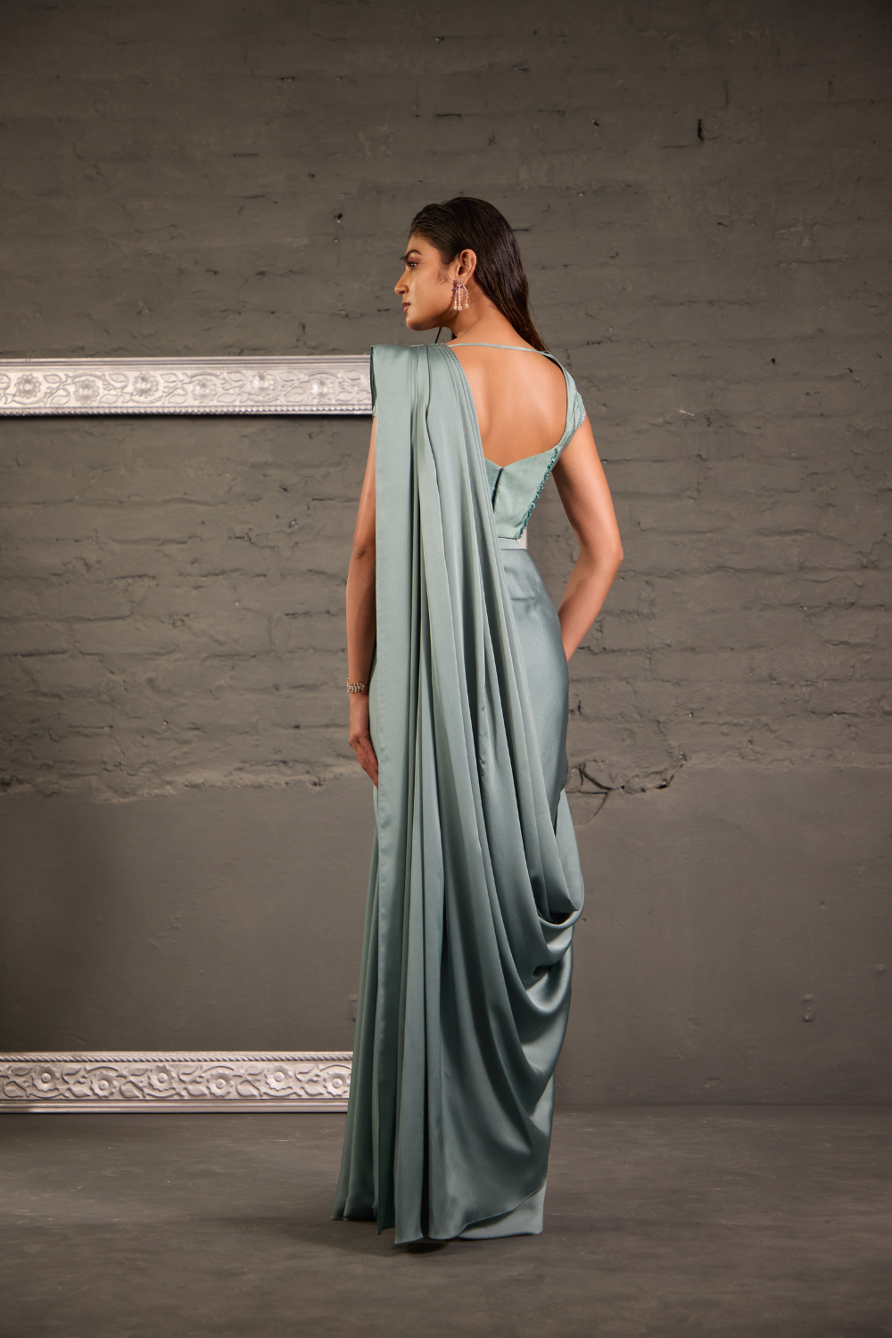 Ombre Sea Green Blouse With Drape Saree