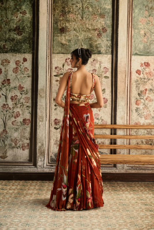 RUST FLORAL PRINT AND HIGHLIGHTED MERMAID SAREE SET