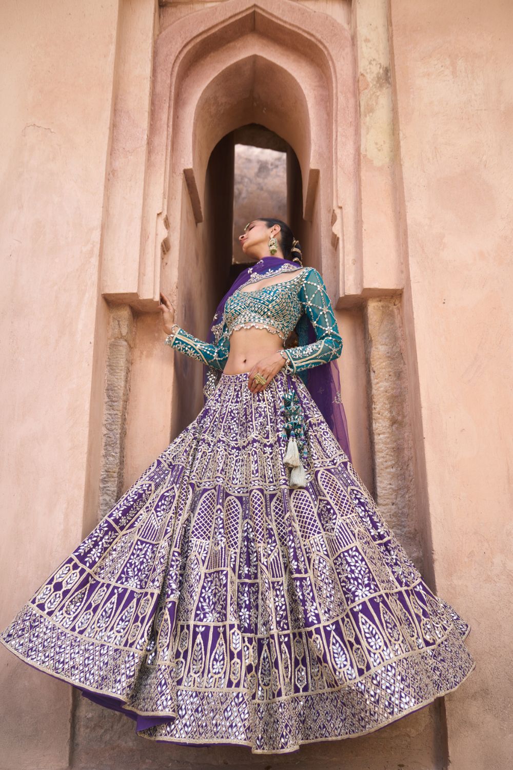 NEELAM — Bright Purple Raw Silk Lehenga Set with Contrast Blouse
