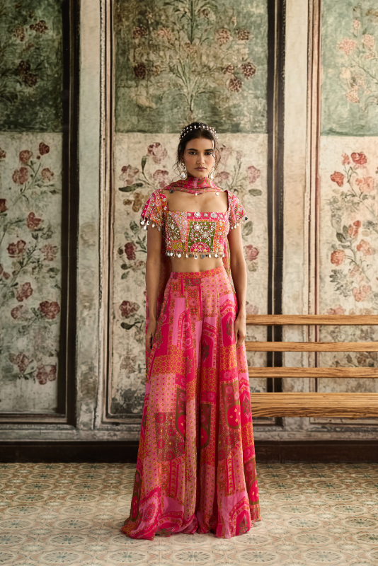 YELLOW-FUSCHIA PRINT AND HIGHLIGHTED SHARARA SET