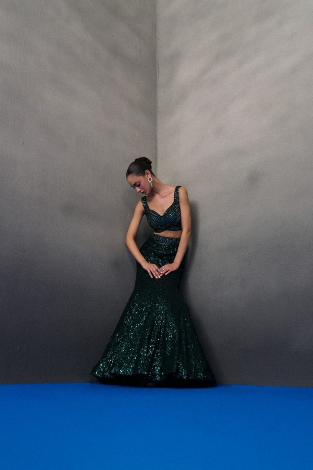 Green Sequins Georgette Skirt Set