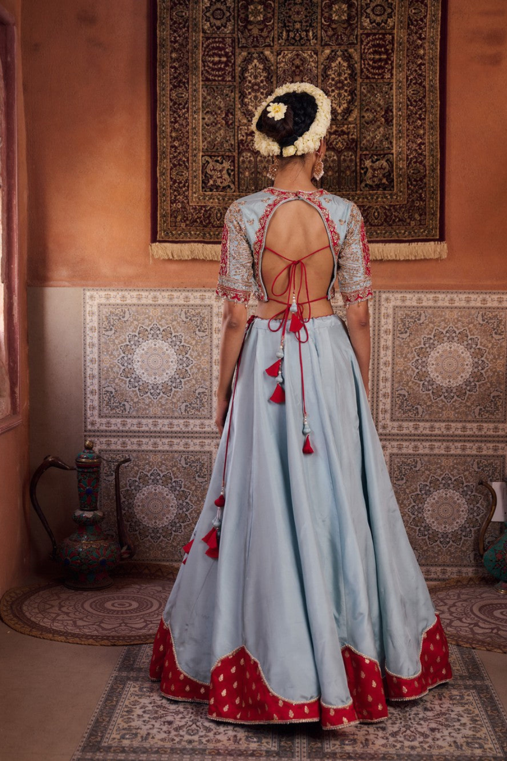 Powder blue and fuchsia silk blouse, lehenga and organza dupatta