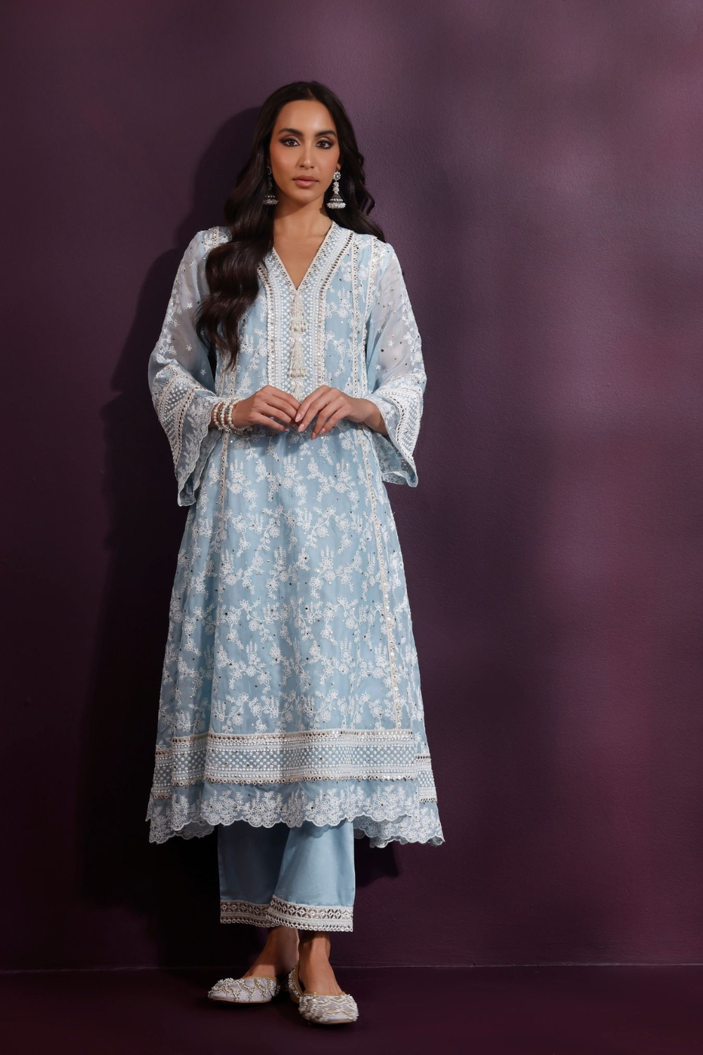 Rupa Organza Blue Anarkali Kurta with Pima Satin Blue Pant Set