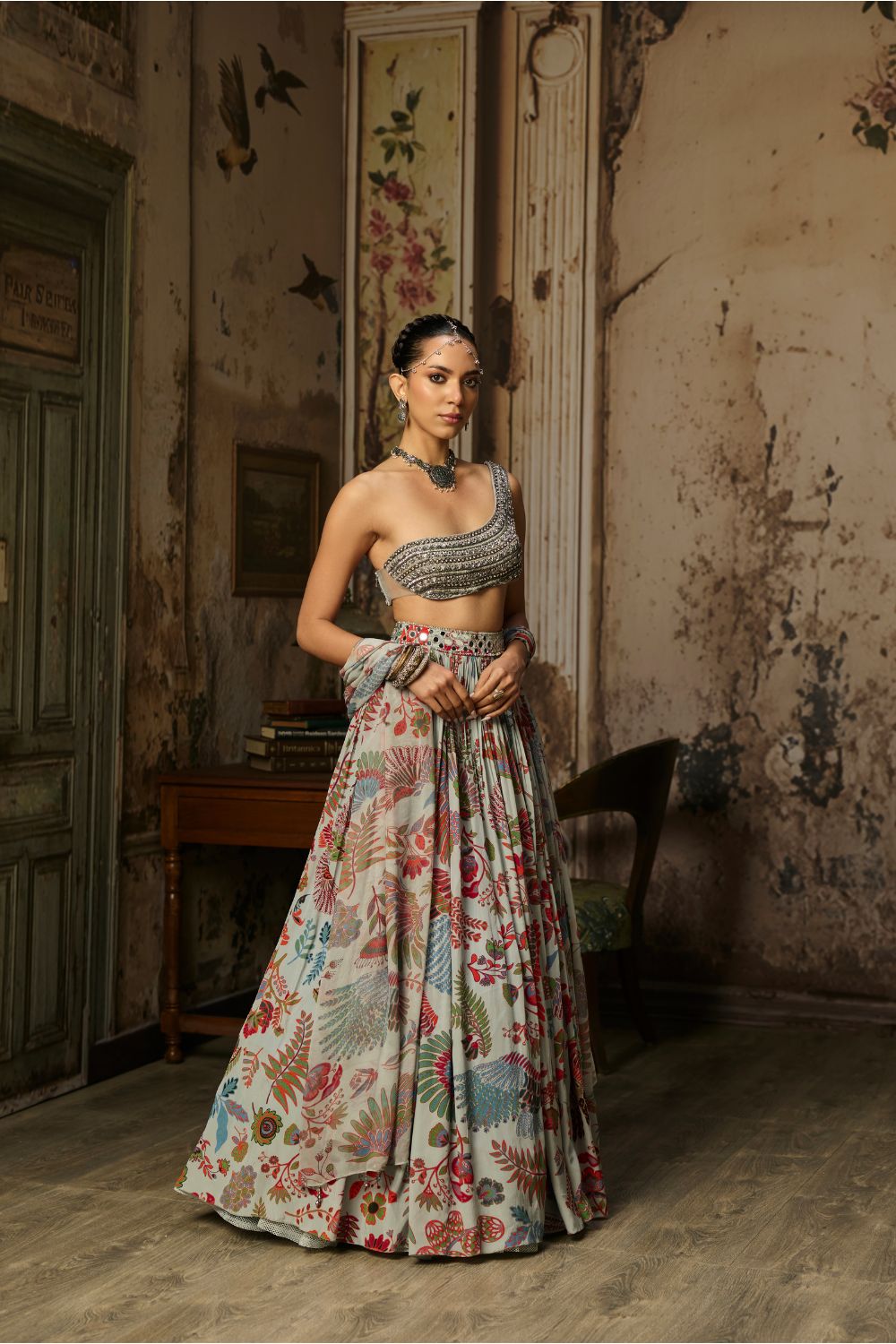 SLATE GREY EMBROIDERED BLOUSE WITH PRINTED LEHENGA SET