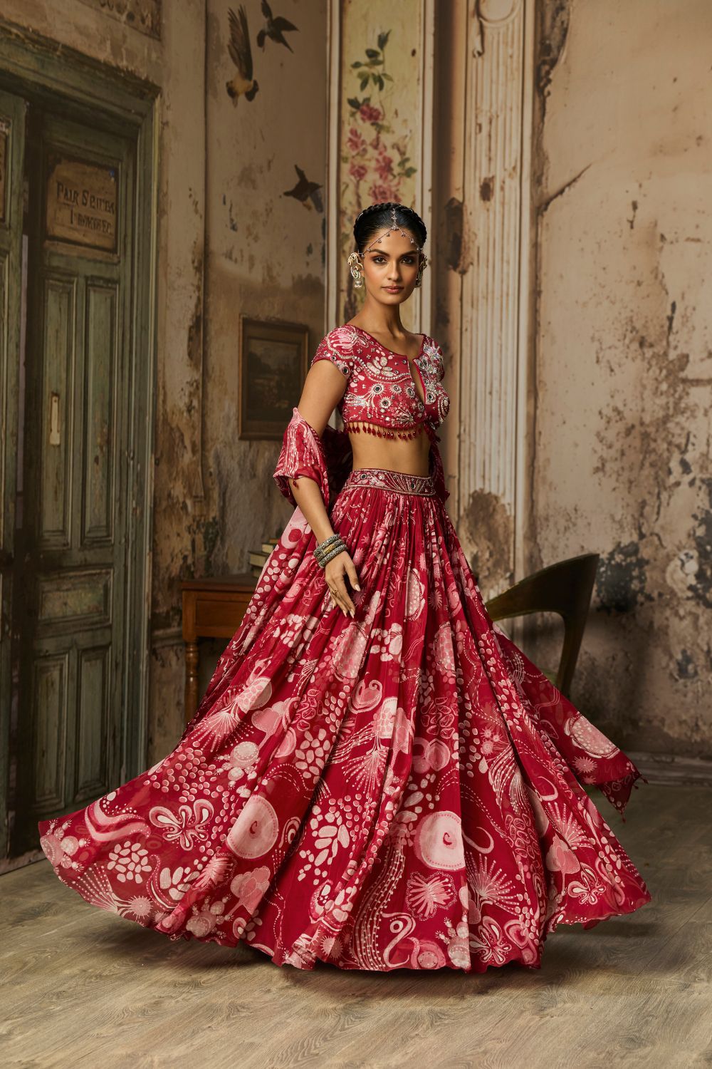 SCARLET RED PRINTED AND HIGHLIGHTED LEHENGA SET