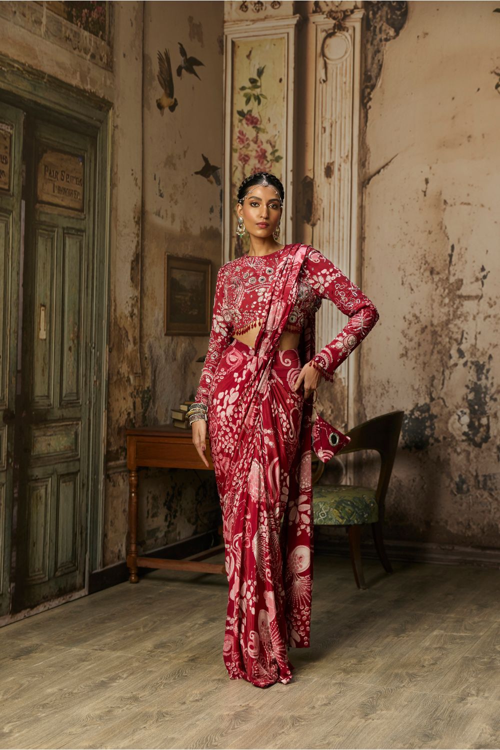 SCARLET RED PRINTED AND HIGHLIGHTED DHOTI SKIRT SAREE SET