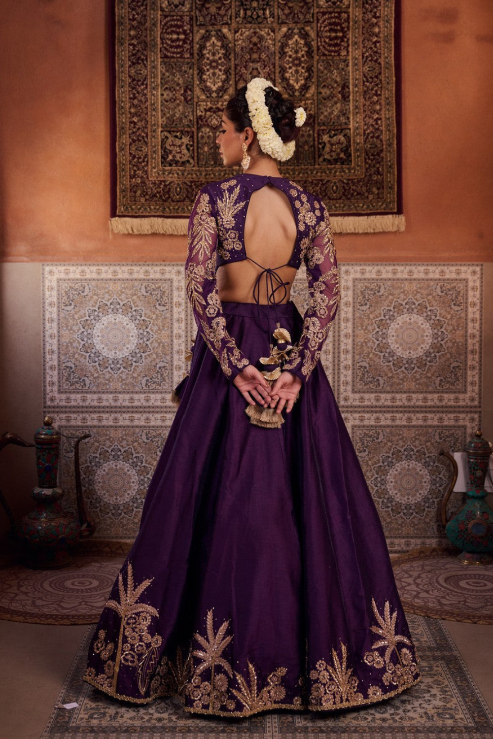 Purple dupion silk blouse, lehenga and organza silk dupatta