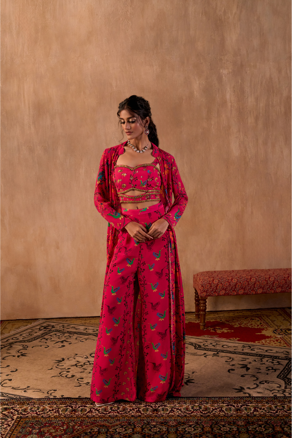 PINK PRINT EMBROIDERED CHOLI, PANTS AND JACKET SET