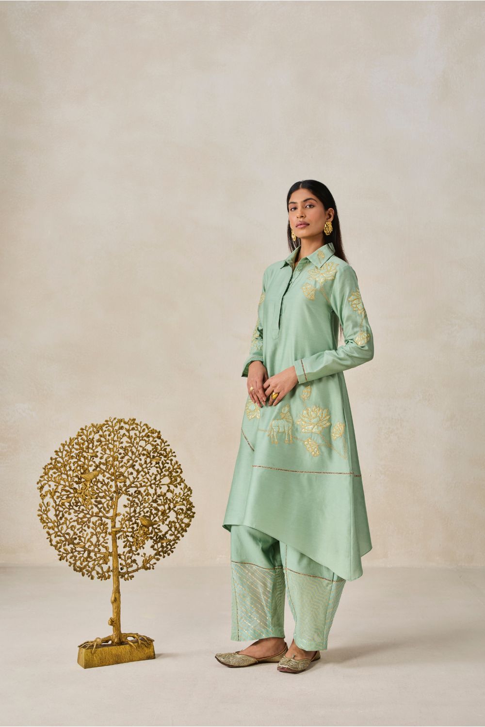 Chanderi Assmmetrical Kurta With Pant Set