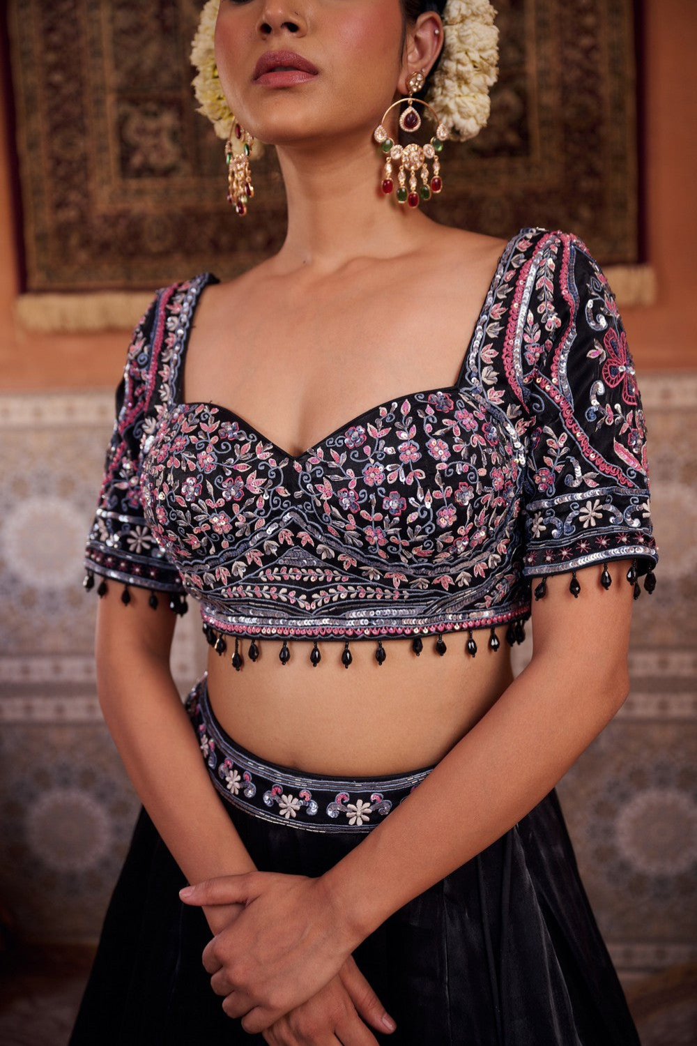 Black glass tissue embroidered blouse, lehenga and dupatta