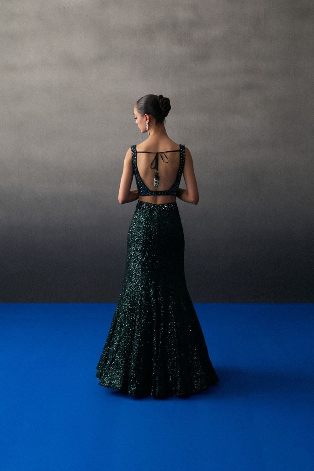 Green Sequins Georgette Skirt Set