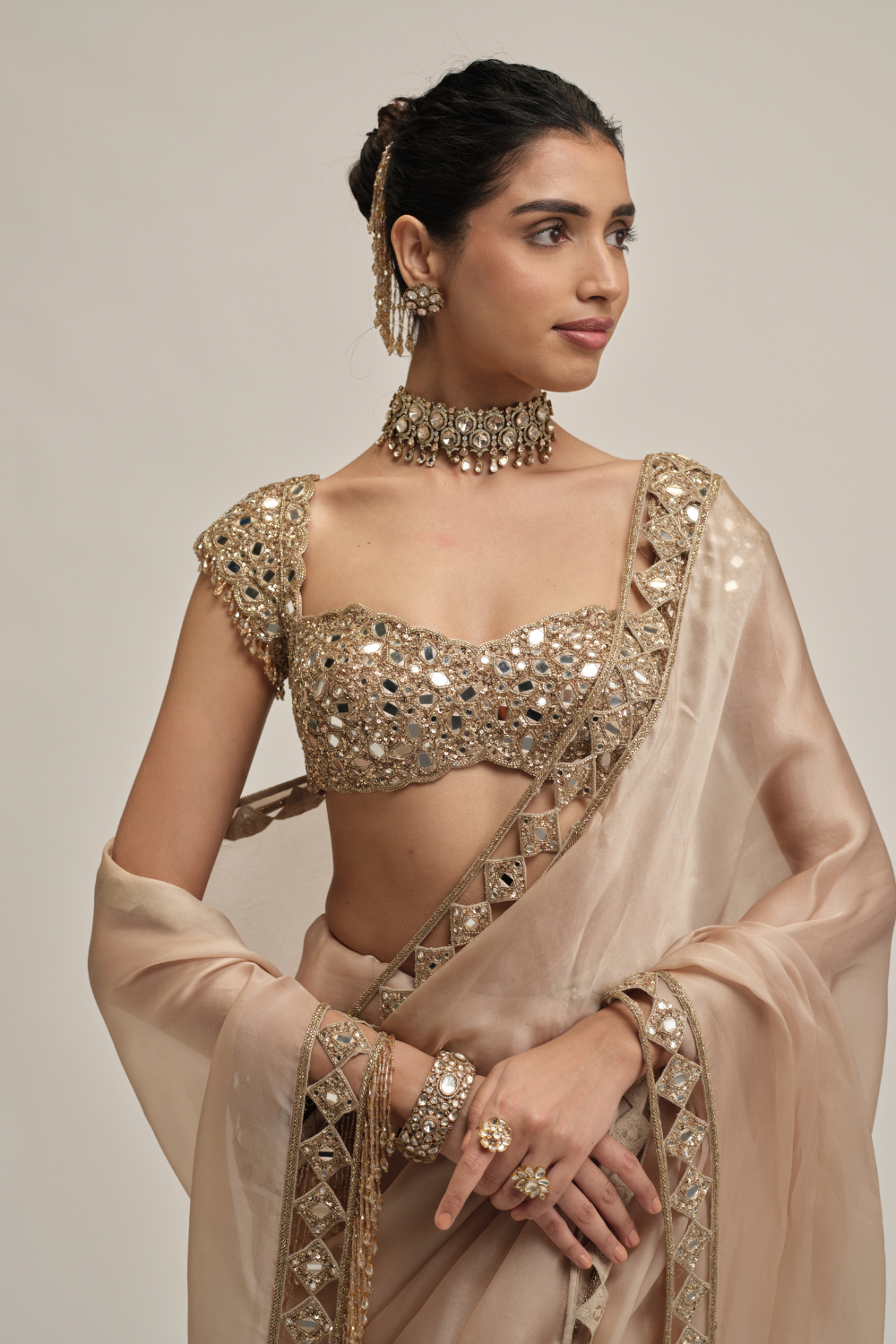 Light Beige Diamond Cutwork Border Saree Set