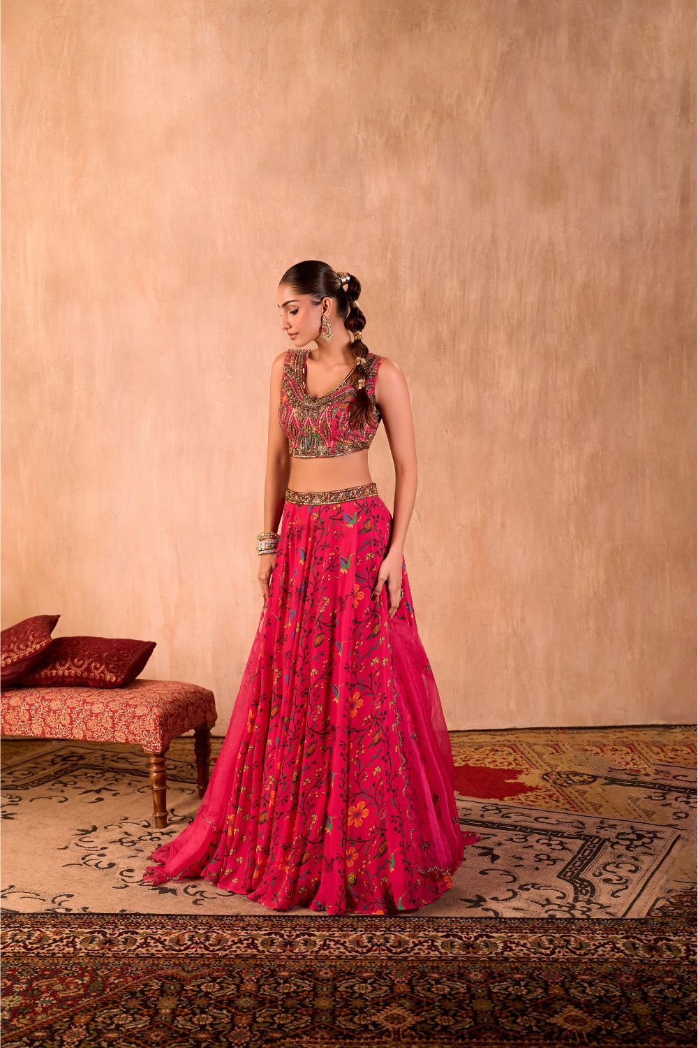 PINK PRINT EMBROIDERED CHOLI, LEHENGA AND DUPATTA SET