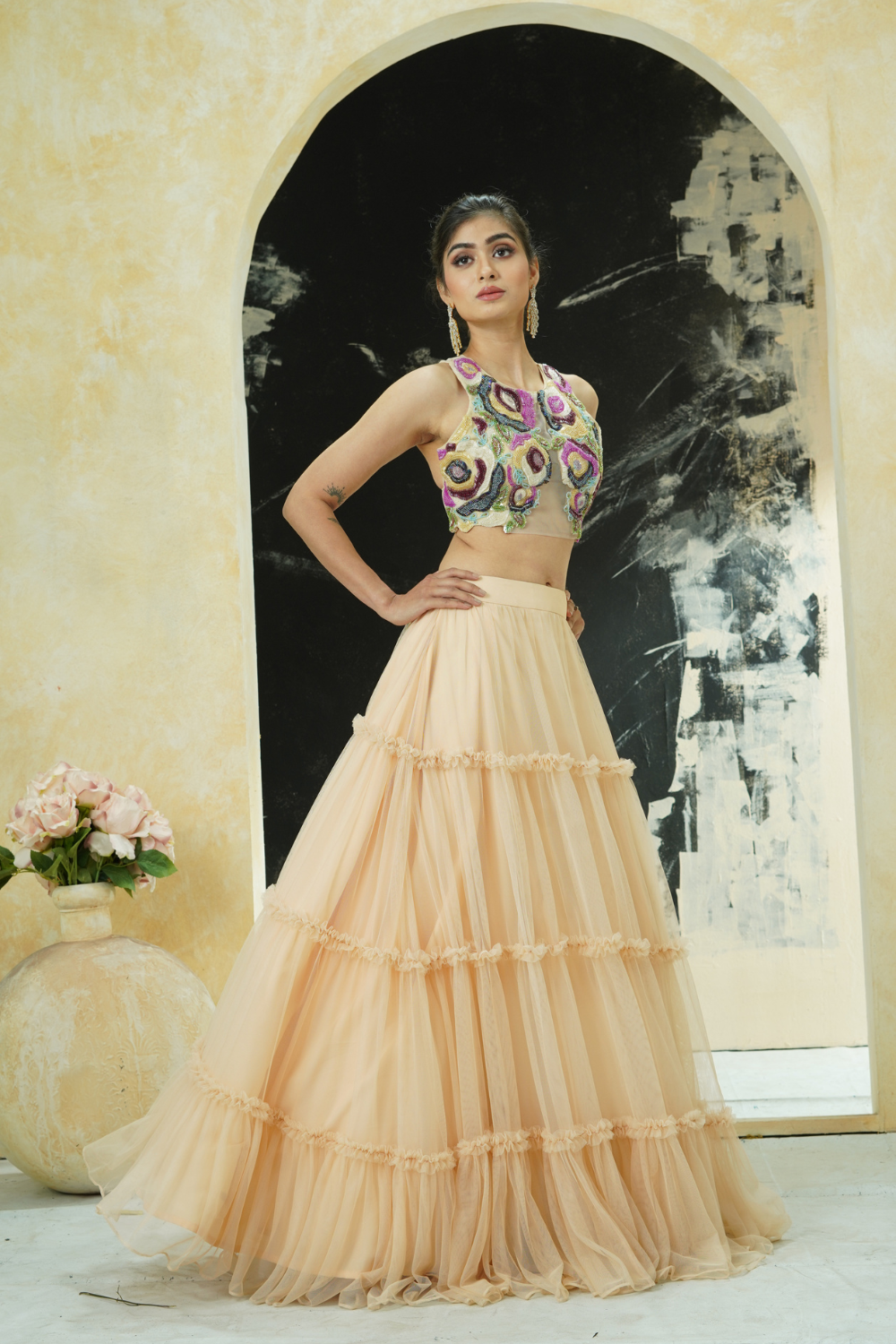 Multi-hued embroidered blouse and tier skirt set