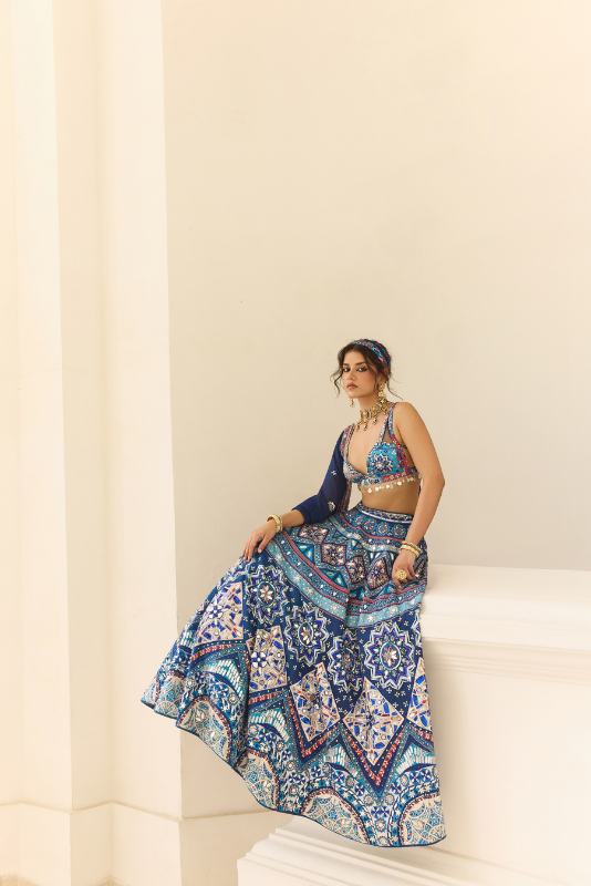 TEAL PRINT AND AND HIGHLIGHTED LEHENGA SET