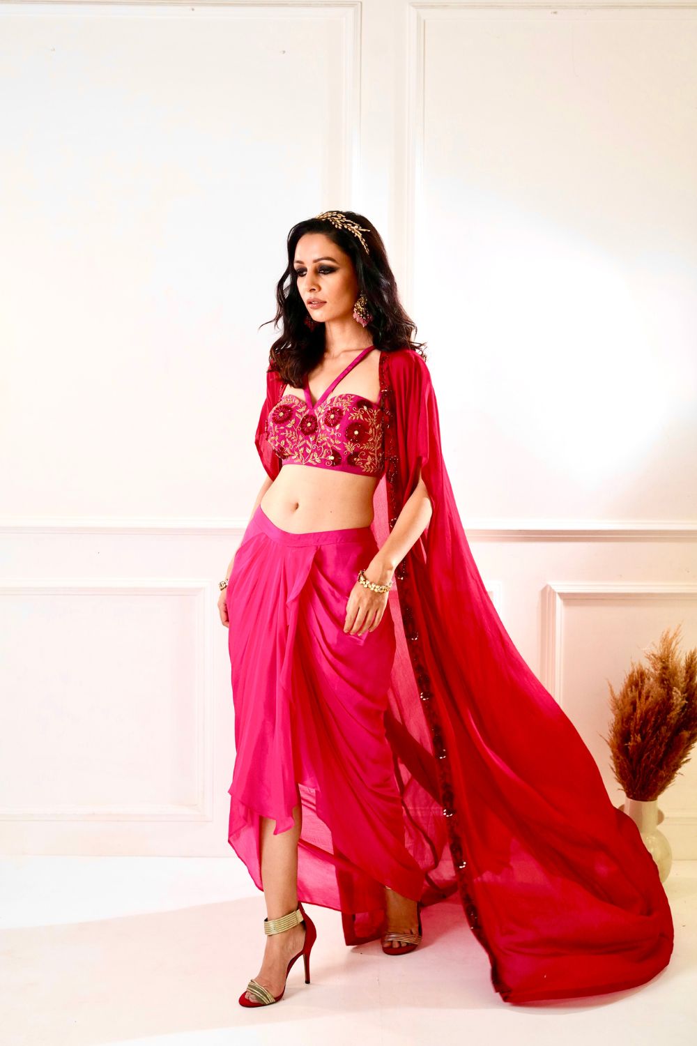 SHIRIN Maroon and pink Drape Skirt and Cape