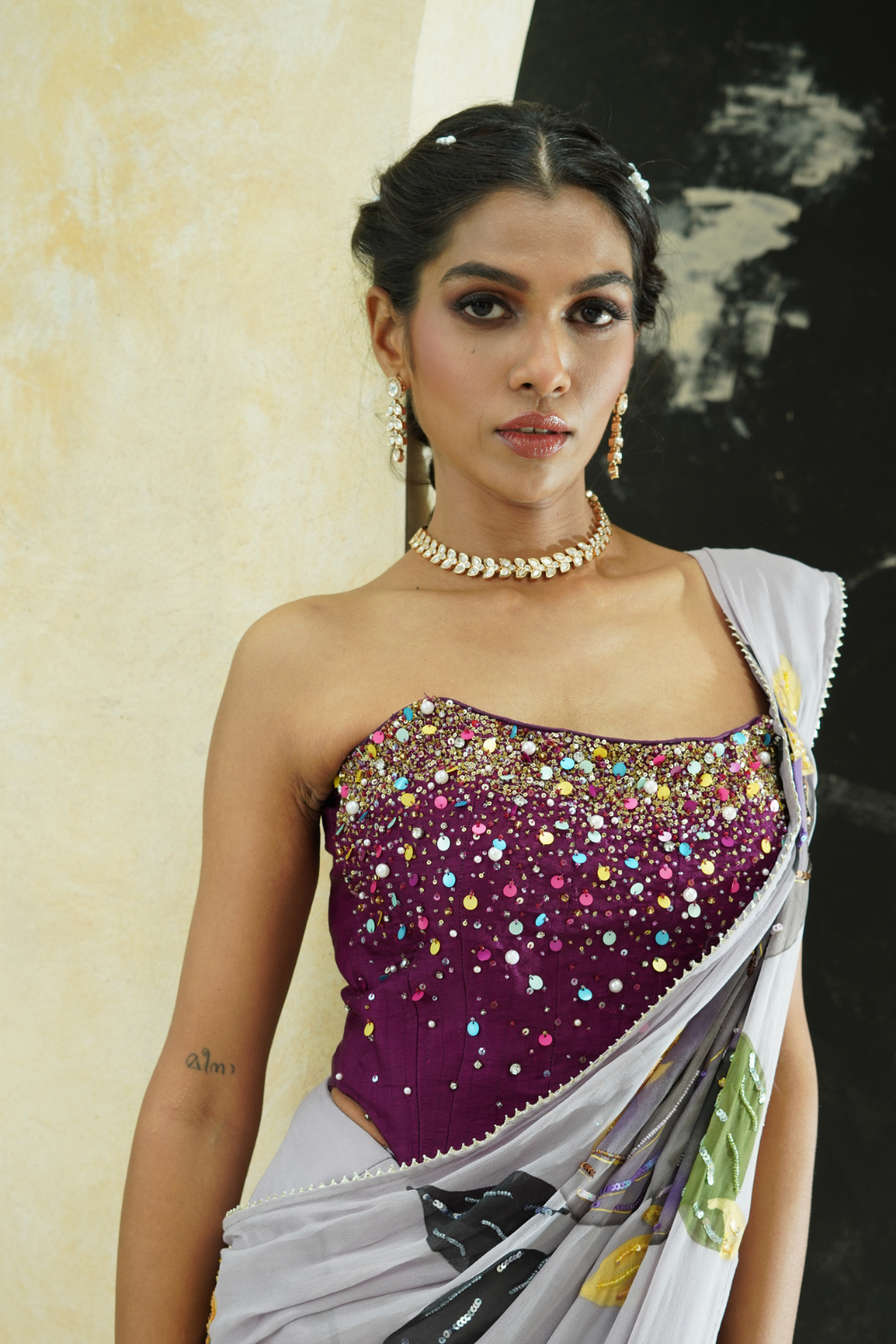 Periwinkle hand painted saree and corset set