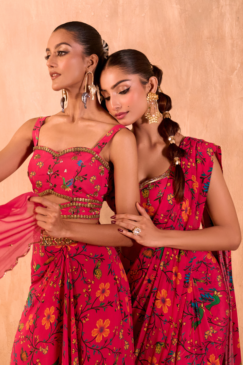 PINK PRINT EMBROIDERED CHOLI, DRAPED SKIRT AND DUPATTA SET