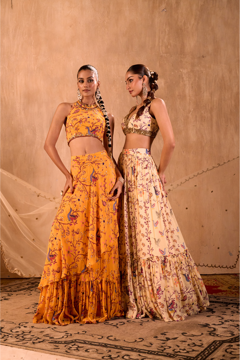 YELLOW PRINT EMBROIDERED HALTER CHOLI AND LAYERED LEHENGA SKIRT SET