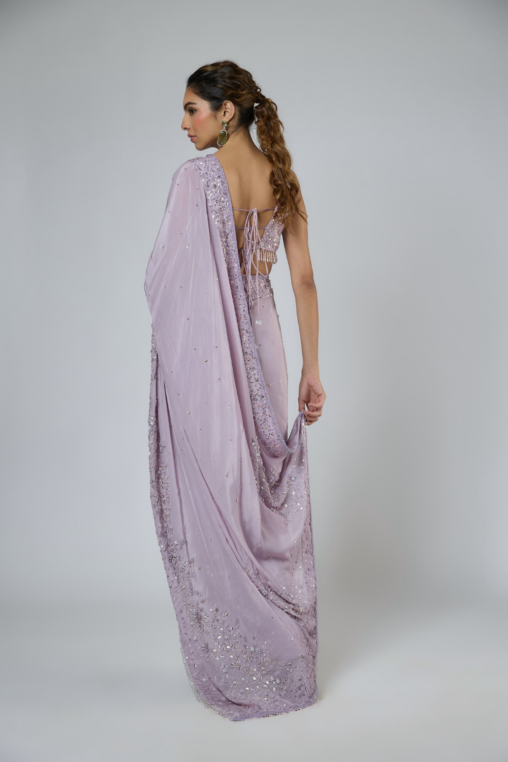 Dusty Lilac Heavy Intricate Floral Embroidered Saree Set