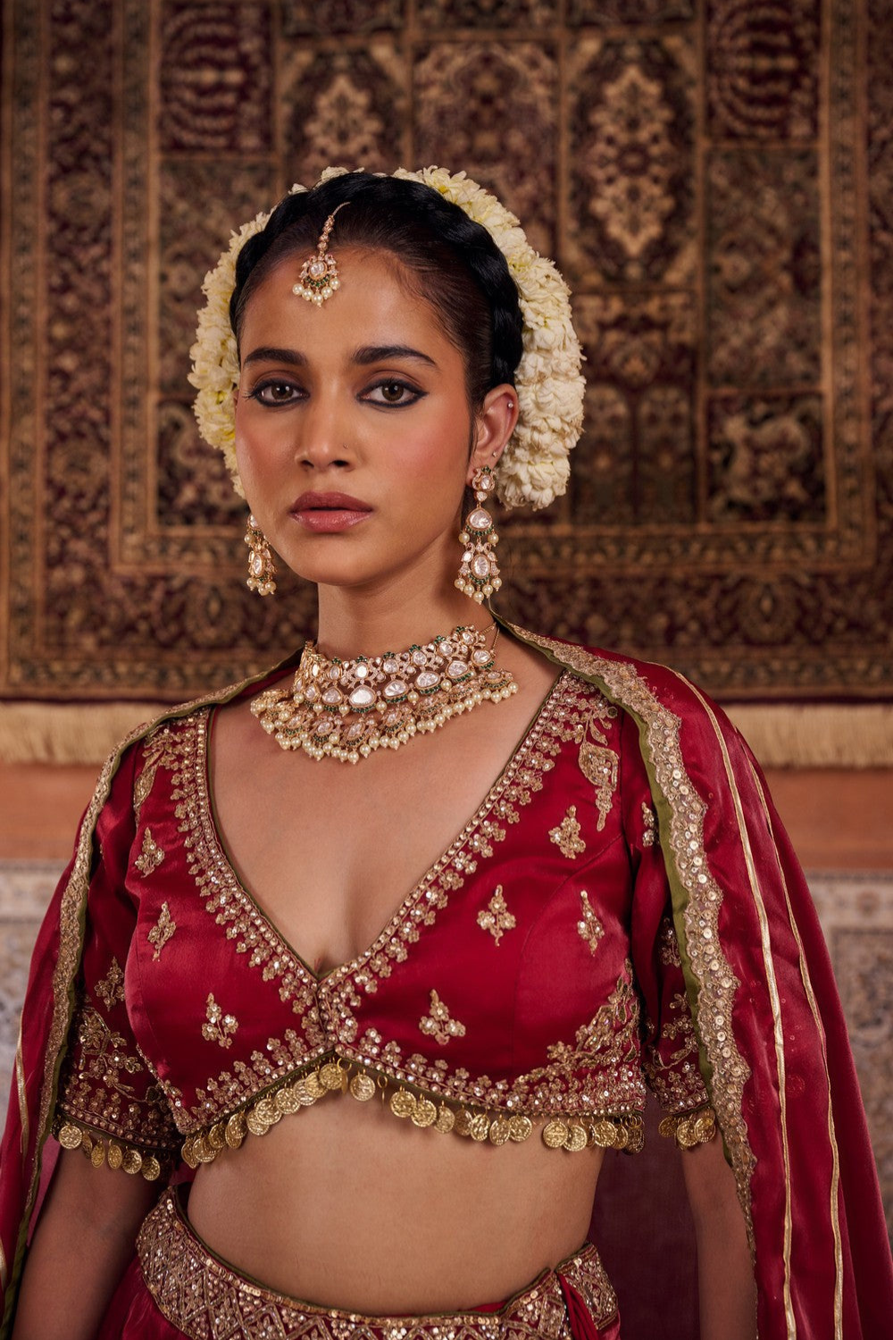 Maroon glass tissue blouse, lehenga and dupatta