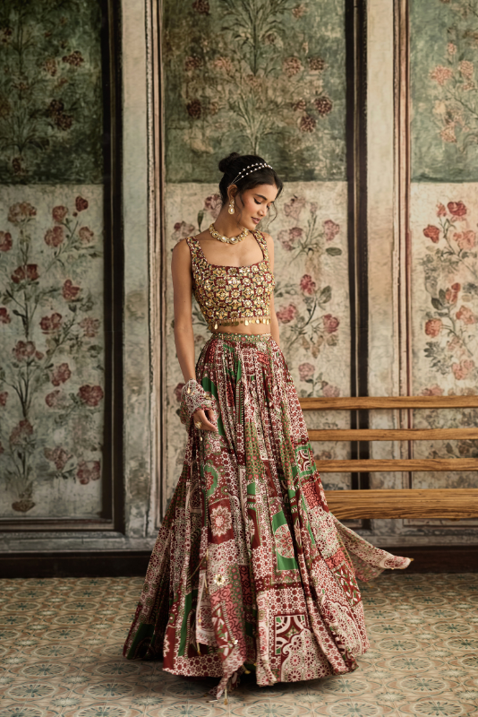 SAGE-MAROON PRINT AND HIGHLIGHTED SQUARE NECK BLOUSE WITH LEHENGA SET